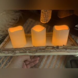Rustic Cabin Wooden Candle Tray • 3 LED Wickless Candles • Warm Amber Glow Decor